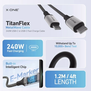 X-ONE TitanFlex andmekaabel – C–C tüüpi – 5A, kuni 240W, 1,2 m, must