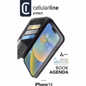 Cellularline Book Agenda ümbris seadmele iPhone 14, materjali integreeritud Microbani antibakteriaalse tehnoloogiaga, must