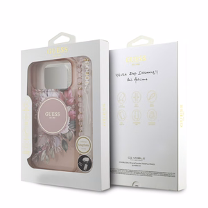 Guess IML Flowers Pearl Strap MagSafe ümbris jaoks iPhone 17 Pro Max roosa