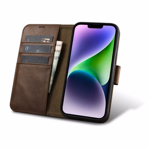 iCarer õlivaha rahakoti ümbris 2in1 Cover iPhone 14 Plus Anti-RFID nahast Flip Case Brown (WMI14220723-BN)