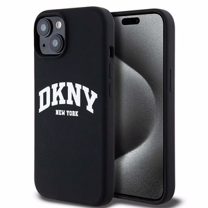 DKNY Liquid Silicone Valge Printed Logo MagSafe Ümbris jaoks iPhone 15 Plus / 14 Plus - Must