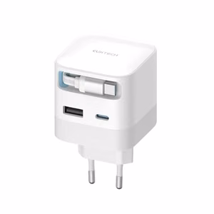 Cuktech AD653W seinatoiteadapter 67 W GaN, 2 USB-C- ja USB-A-pesaga ning 70 cm sissetõmmatava USB-C-kaabliga – valge