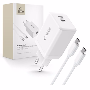 Tech-Protect NC45W-GAN 2-PORT PD45W Laadija + TYPE-C CABLE - valge