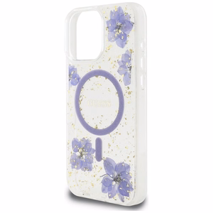 Guess Resin Flowers MagSafe ümbris jaoks iPhone 16 Pro - lilla