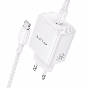 Borofone BN33 Fuente GaN USB-C võrgulaadija QC3.0 PD 40W USB-C kaabliga valge