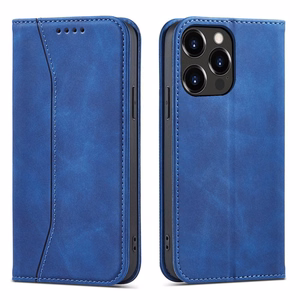 Magnet Fancy Case ümbris iPhone 14 Pro Max'ile, mis katab iPhone 14 Pro Max'i ümbrise koos flip wallet standiga sinine