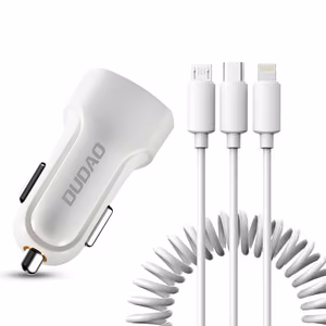 Dudao car kit charger 2x USB 2.4A + cable USB 3in1 Lightning / Type C / micro USB cable valge (R7 valge)
