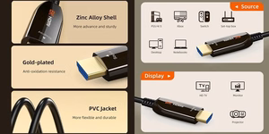Active Fiber Optical Kaabel HDMI 2.1, 8K, 60Hz, 50m, 48Gbps, kuldne-plated