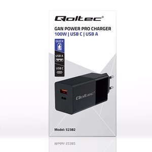 Qoltec 52382 GaN POWER PRO laadija | 1xUSB type C | 1xUSB A | 100W | 5-20V | 1.5-5A | PD | must