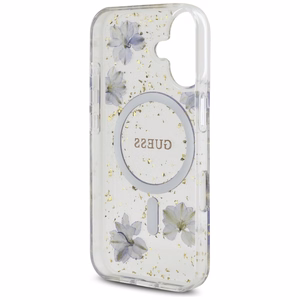 Guess Resin Flowers Glitter MagSafe ümbris jaoks iPhone 16 - lilla