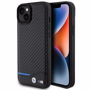 BMW Leather Carbon ümbris jaoks iPhone 15 Plus - must