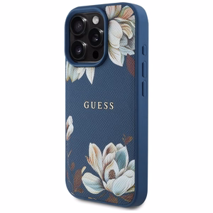 Guess Grained Printed Flower Pattern MagSafe ümbris jaoks iPhone 16 Pro sinine