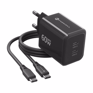 Forcell F-Energy GaN III Crystal Color VT-60 telefonilaadija, 2 × USB-C, AVS, SSFC3.0, 60 W, USB-C–USB-C silikoonkaabliga, must