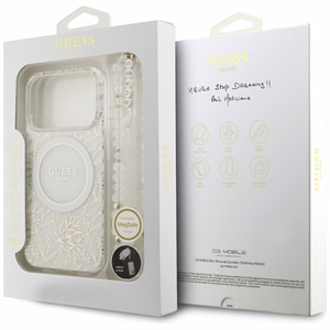 Guess IML Flowers Allover Electroplated MagSafe ümbris pärlipaelaga mudelile iPhone 18 Pro / 17 Pro – värv: valge