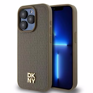 DKNY Leather Monogram Pattern Metal Logo MagSafe Ümbris jaoks iPhone 15 Pro - Brown