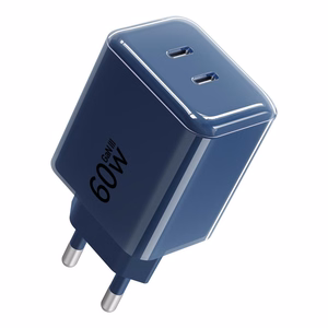 Telefonilaadija Forcell F-Energy GaN III Crystal Color, 2x USB C, AVS, SSFC3.0, 60W + silikoonkaabel USB C–USB C VT-60, tumesinine