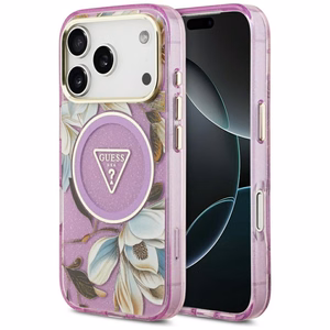 Guess IML Glitter Flowers Triangle MagSafe ümbris mudelile iPhone 17 Pro / 18 Pro – lilla