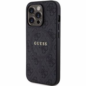 Guess 4G Collection Leather Metal Logo MagSafe Ümbris jaoks iPhone 15 Pro - must