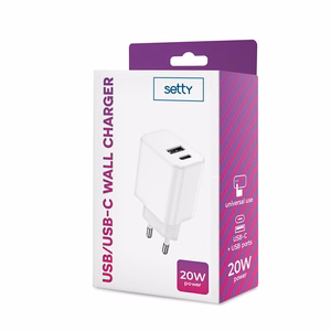 Setty laadija 1x USB + USB-C 3A 20W valge