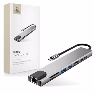 Tech-Protect HB09 USB jaotur 8in1 TYPE-C + USB-A 3.0 + USB-C 3.0 + HDMI 4K 60HZ + SD/TF + PD100W + RJ45 1000 MB/S - hall