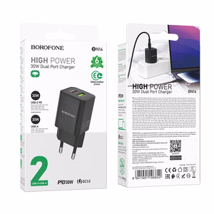 Borofone Wall Laadija BN14 Royal GaN - USB + Type C - QC 3.0 PD 30W must