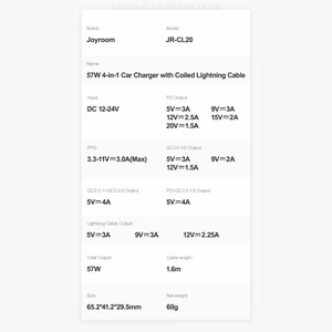 Autolaadija Joyroom "JR-CL20" must 57W (1xPD / 1xQC3,0 / LED valgustusega) + "Lightning" kaabel 160cm