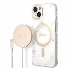 Set Guess GUBPP14SHMEACSH Ümbris+ Charger iPhone 14 6.1" valge/valge hard ümbris Marble MagSafe
