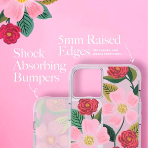 Rifle Paper Clear ümbris seadmele iPhone 14 Plus, kuldset tooni kaunistusega, Rose Garden mustriga