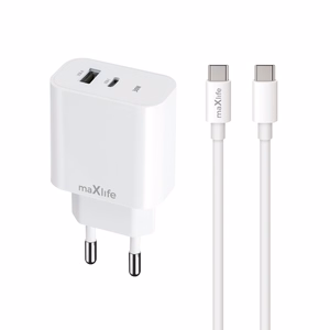 Maxlife MXTC-06-30AC PD QC laadija 1x USB-C 1x USB 30W valge + USB-C - USB-C kaabel 60W