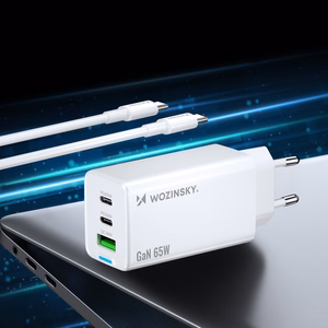Wozinsky GaN 65W Laadija koos USB-A 2xUSB-C Ports koos 65W USB-C Kaabel - valge
