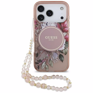 Guess IML Flowers Pearl Strap MagSafe Ümbris jaoks iPhone 17 Pro - Roosa