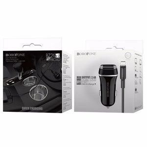 Borofone BZ2 Joyroad autolaadija 2 USB-A pordiga, 12 W, Lightning-kaabliga, must