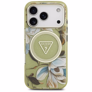 GUESS ümbris jaoks IPHONE 17 Pro Max compatible with MagSafe GUHMP17XHFLPEDN (IML Metal Glitter Flowers Triangle) roheline