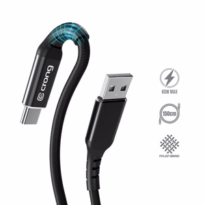 Crong Armor Link USB-A–USB-C kaabel, 1.5 m, 60 W / 3 A, must