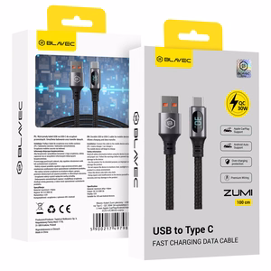 Blavec Zumi punutud kaabel USB - Type C QC 30W 3A LCD-ekraaniga 1m Apple CarPlay/Android Auto must