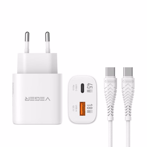 Зарядное устройство для телефона VEGER USB A + Type C PD Super Charge PPS 45W + кабель данных Type C к C 100W TR101 белый