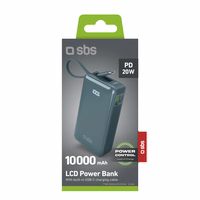 Powerbank SBS 10000 mAh 20W sisseehitatud USB-C kaabliga ja digitaalse ekraaniga - hall