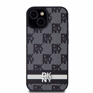 DKNY Leather Checkered Mono Pattern & Printed Stripes Чехол для iPhone 15 Plus / 14 Plus - чёрный