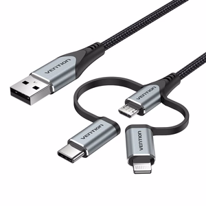 Vention USB 2.0 A Male to 3-in-1 Micro-B & USB-C & Lightning Male kaabel 1 m, hall alumiiniumsulami tüüp