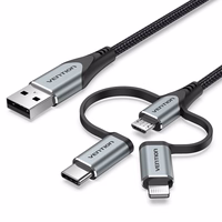 Vention USB 2.0 A Male to 3-in-1 Micro-B&USB-C&Lightning Male Cable 1M hall Aluminum Alloy Type