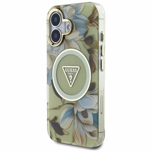 GUESS ümbris jaoks IPHONE 16 compatible with MagSafe GUHMP16SHFLPEDN (IML Metal Glitter Flowers Triangle) roheline