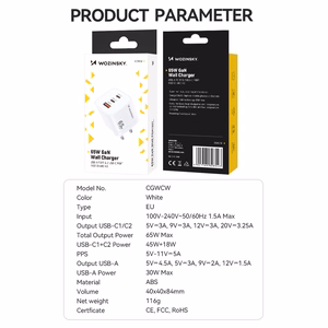 Wozinsky CGWCW 65W GaN Wall Laadija USB-A / 2 x USB-C - valge