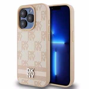 DKNY Leather Checkered Mono Pattern & Printed Stripes ümbris jaoks iPhone 15 Pro - roosa