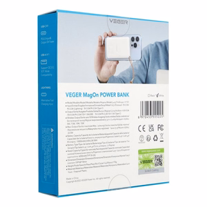VEGER powerbank 10000 mAh with juhtmevaba charging compatible with MagSafe PD QC3.0 2A 20W MagOn (VP1151 / W1151) valge