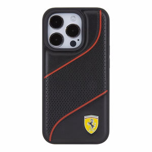 Ferrari Perforated Waves Metal Logo ümbris jaoks iPhone 15 Pro - must