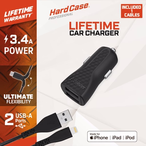 Energizer HardCase DC2CLLIM autolaadija, 2 × USB-A, 17 W / 3,4 A, MFi-sertifikaadiga Lightning-kaabliga, must
