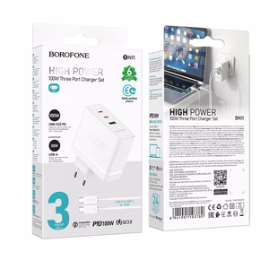Borofone Wall Laadija BN11 Imperial - USB + 2xType C - QC 3.0 PD 100W with Type C to Type C Kaabel valge