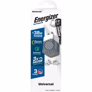 Energizer Ultimate A38QMU GaN reisilaadija EU / UK / US pistikutega, USB-C + USB-A, 38 W PD + QC 3,0, hõbedane