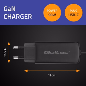 Qoltec 52420 90W GaN ülikiiret laadimist toetav laadija | 5-20V | 3-4.5A | USB-C 3.1