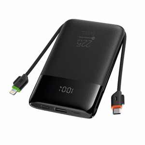 FORCELL F-ENERGY F10K6 Multicharge akupank sisseehitatud USB-C- ja Lightning-kaablitega, PD, QC3.0, 3 A, 22,5 W, 10000 mAh, must